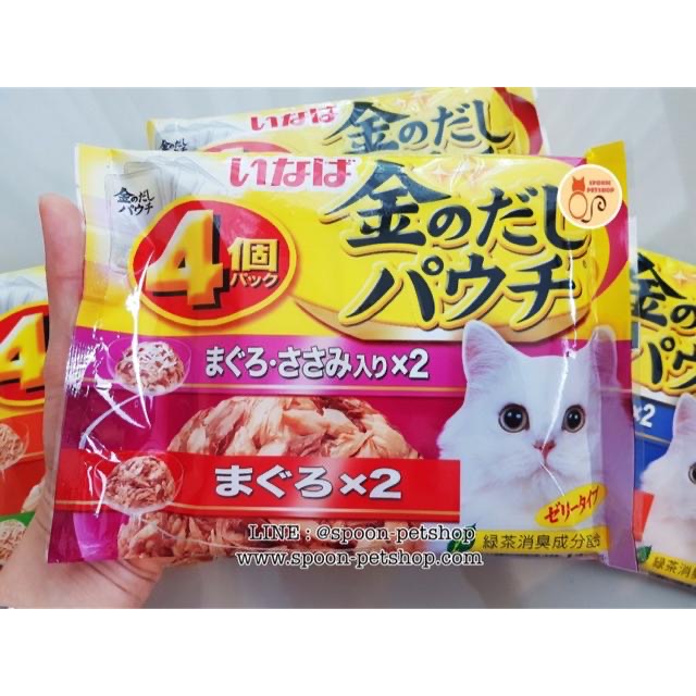 Inaba Pouch อาหารเปียก สำหรับแมว แพ็ค 4 ซอง รสปลาทูน่าในเยลลี่ x2 + รสปลาทูน่ากับเนื้อสันในไก่ในเยลลี่ x2 จากประเทศญี่ปุ่น 60g (ชมพู)