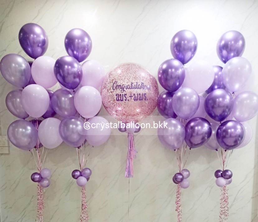 ลูกโป่ง เเสดงความยินดี Bubble 24" กลิตเตอร์สีชมพู พร้อม ช่อลูกโป่ง ช่อ 10 ลูก 4 ช่อ Theme ม่วง พร้อมตกเเต่ง สามารถเปลี่ยนสีลูกโป่ง/เปลี่ยนข้อความ/เปลี่ยนขนาดได้