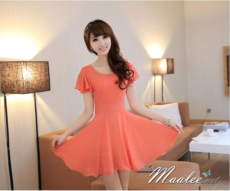 พร้อมส่ง ชุดออกงาน ชุดเดรสชีฟอง Slim Design สีแสด (เหลือเฉพาะไซส์ L,XL,XXL)