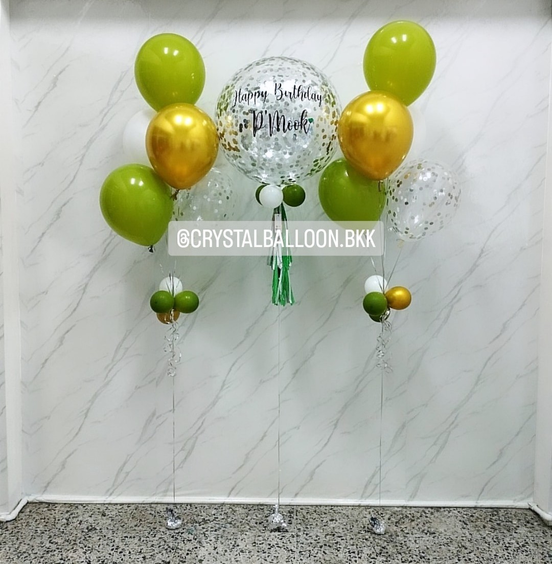 ลูกโป่ง วันเกิด Bubble ขนาด 24" คอนเฟตติสีเงิน พร้อมตกแต่ง ช่อลูกโป่ง 5 ลูก 2 ช่อ,ลูกโป่งใส ใส่กลิตเตอร์ สามารถเปลี่ยนสีลูกโป่ง/เปลี่ยนข้อความ/เปลี่ยนขนาดได้