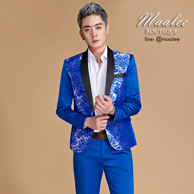 พร้อมเช่า ชุดสูทจีนชาย สีน้ำเงิน แต่งปกดำ ซาติน