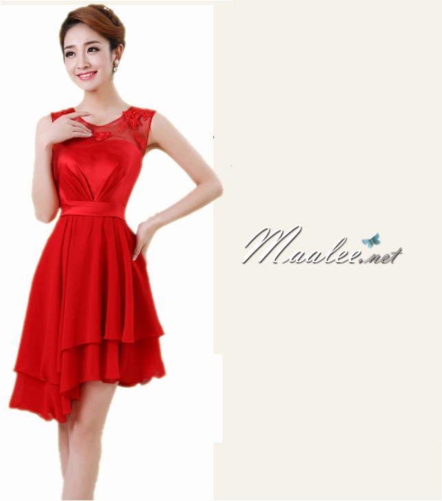 พร้อมส่ง ชุดราตรีสั้น ลูกไม้ สีแดง กระโปรงระบาย