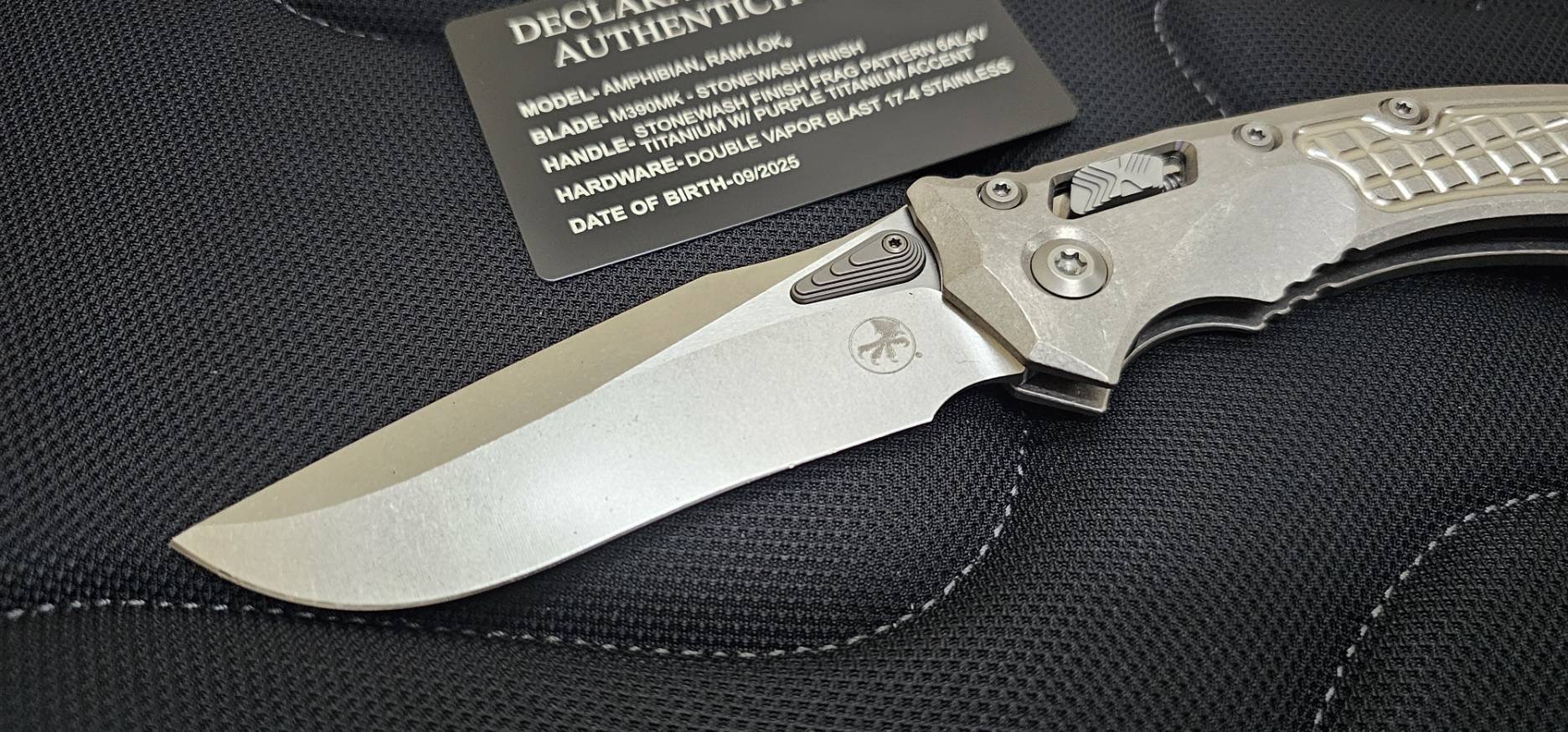 Microtech Marfione Select Amphibian RAM LOK Titanium Frag Handles & Stonewash M390MK w/ Double Vapor Blast & Purple Accents