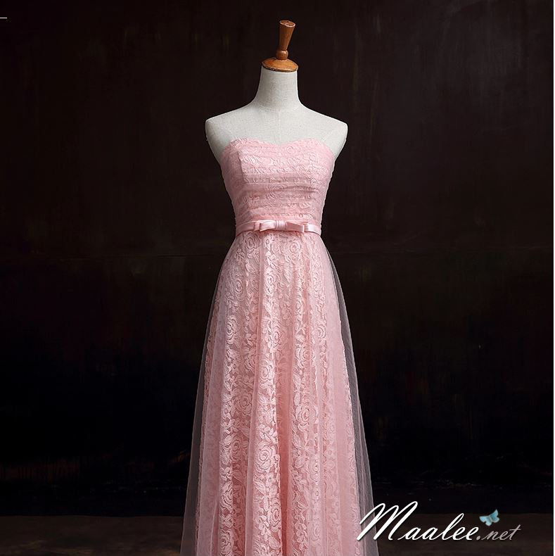 พร้อมเช่า ชุดราตรียาว เกาะอกลูกไม้ คลุมผ้าตาข่ายชั้นนอก แต่งโบว์ช่วงเอว สีชมพู