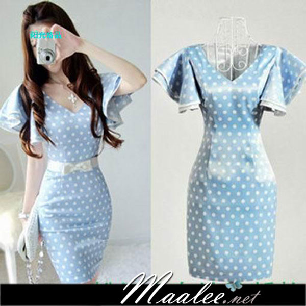 พร้อมส่ง ชุดเดรสสั้น แซก ลายจุด Polka dot สีฟ้า-ขาว แขนย้วย ผ้ามันนิดๆ