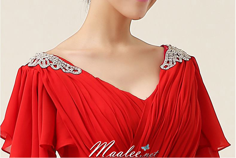 พร้อมเช่า ชุดราตรีสั้น แขนย้วย สีครีม Champagne ผ้าชีฟอง แต่งคริสตัลหรู ช่วงเอวกับไหล่ (เชือกผูก)