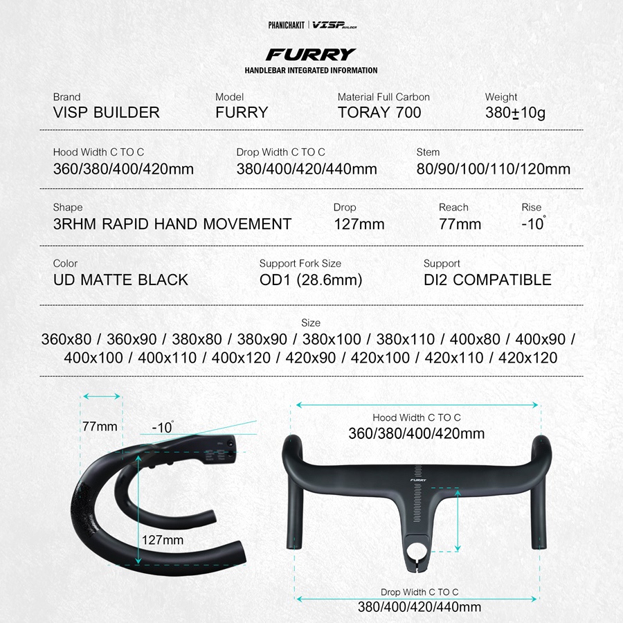 แฮนด์เสือหมอบคาร์บอน อินทิเกรตรุ่น FURRY จากแบรนด์ VISP BUILDER Road Bike Handlebar Integrated มีช่องสำหรับรองรับระบบ Di2 NEW2024