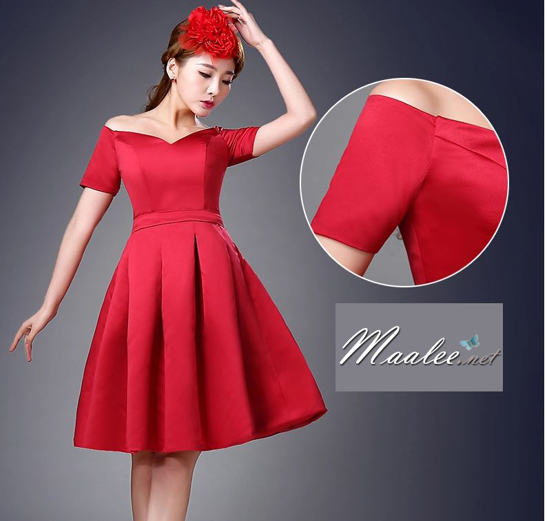 พร้อมส่ง ชุดราตรีสั้น ปาดไหล่ แขนสั้น ผ้าซาติน คอเว้า Sweet heart กระโปรงจับจีบ สวยหรู สีครีม Champagne (ซิปหลัง)