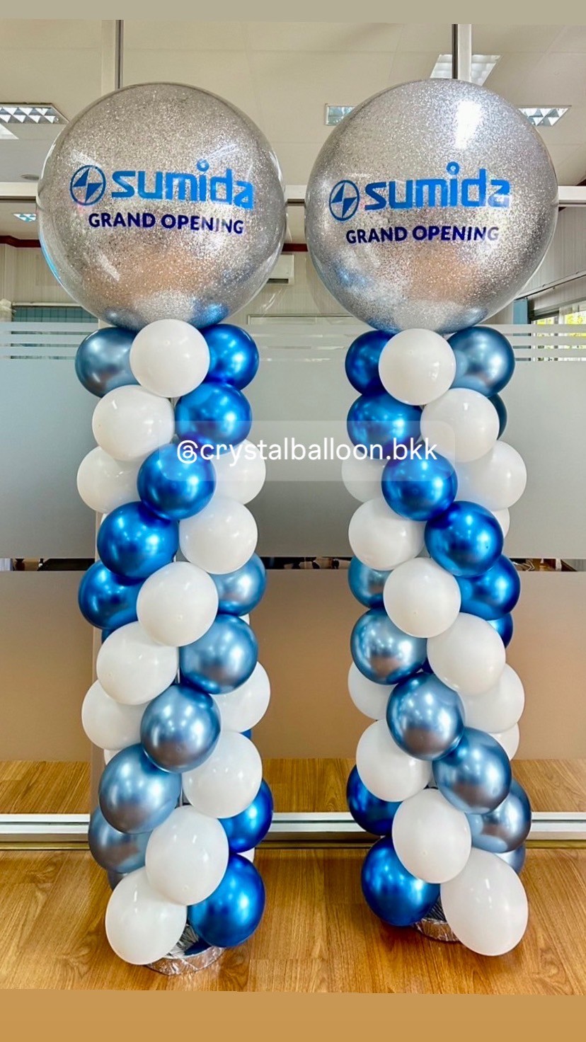 เสาลูกโป่ง เปิดงาน Bubble ขนาด 36" กลิตเตอร์สีเงิน 2 เสา พร้อมตกแต่ง สามารถเปลี่ยนสีลูกโป่ง/เปลี่ยนข้อความได้
