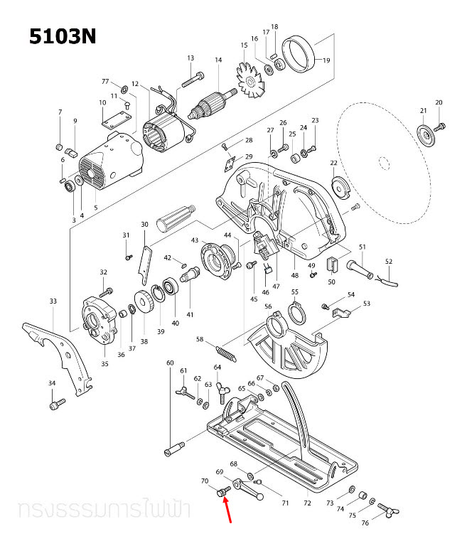 น๊อตปรับระดับ เลื่อยวงเดือน Makita มากีต้า 5103N [#70], 5201N [#58], 5401N, 5402 [#74] Pn.251612-4 (แท้) ##(*)