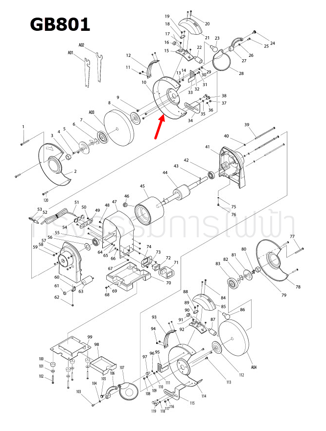 การ์ดบังสะเก็ด ด้านซ้าย เครื่องเจียร์หินไฟ Makita มากีต้า GB801 Pn.AL00000064 (แท้) ##(*)