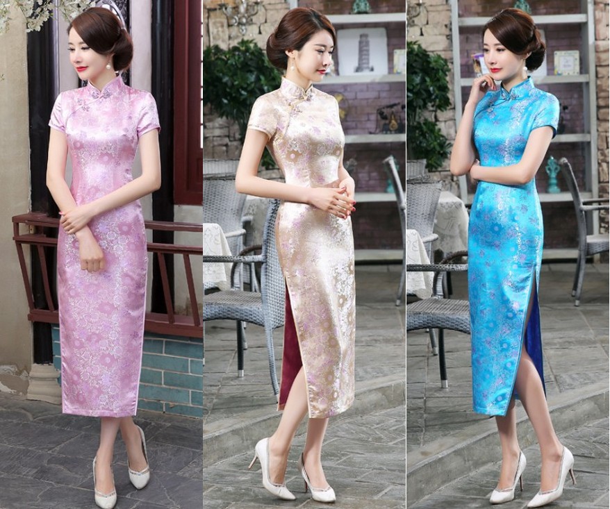 Pre-order กี่เพ้า สีชมพู ผ้าไหมจีน กุ๊นขอบ ตัดเย็บอย่างดี