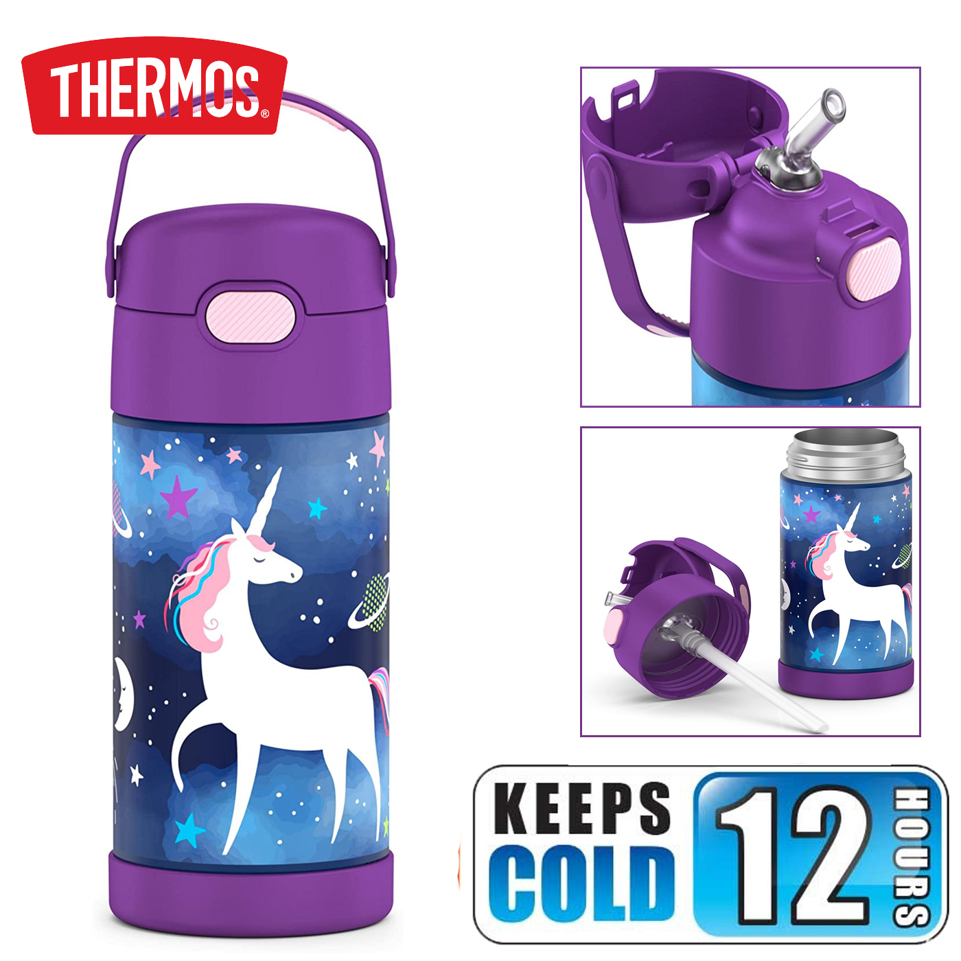 กระติกดูดน้ำแตนเลสหุ้มฉนวนสุญญากาศยี่ห้อ Thermos ของแท้ขนาด 12 ออนซ์ ลาย Space Unicorn