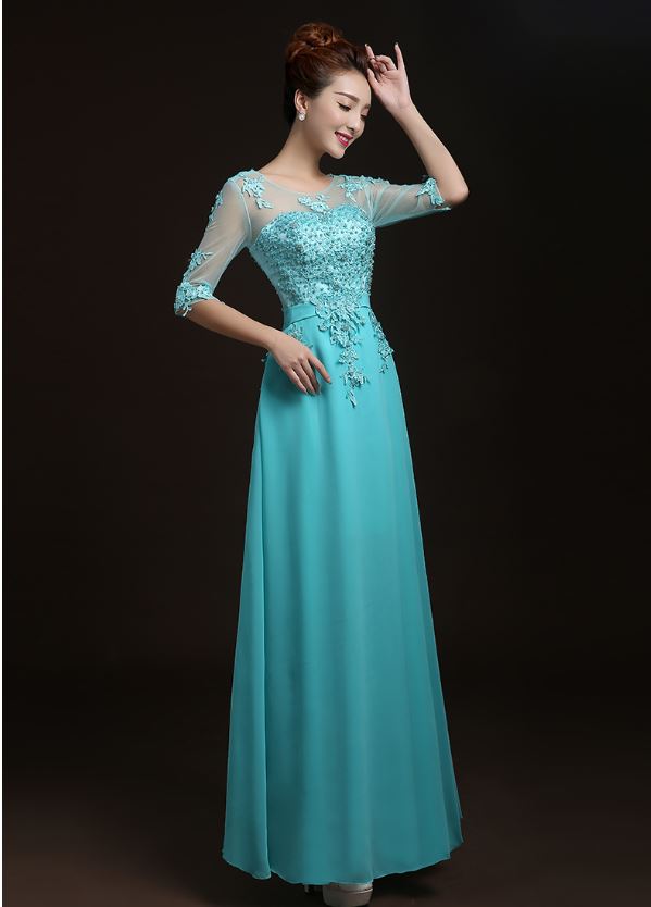 พร้อมเช่า ชุดราตรียาว สีฟ้าอมเขียว แขนยาว แบบเรียบหรู แต่งลูกไม้เซาะดอก ปักลูกปัดมุก