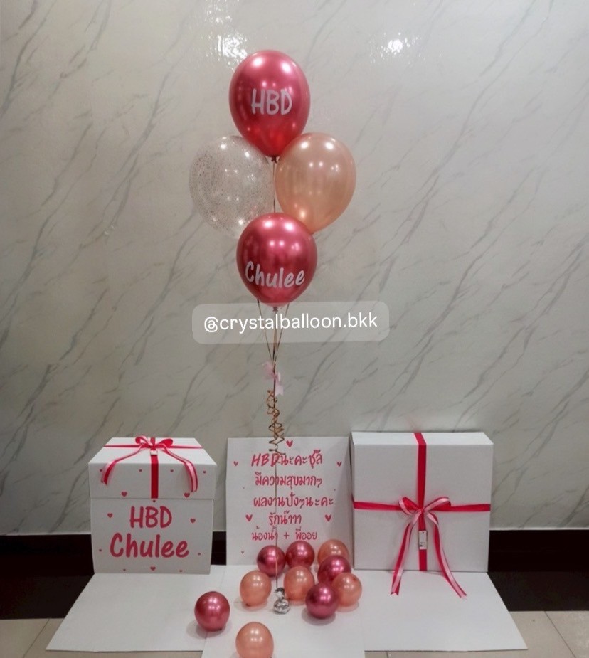 Happy Birthday Surprised Box กล่องเซอร์ไพรส์วันเกิด พร้อม ลูกโป่ง 4 ลูก พร้อมตกเเต่ง สามารถใส่รูปได้ 2 ใบ สามารถเปลี่ยนสีลูกโป่ง/เปลี่ยนสีข้อความได้