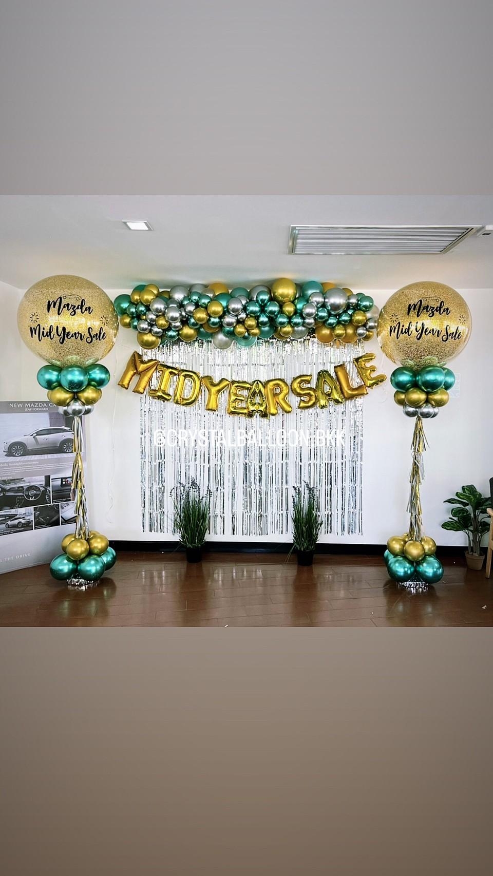 เสาลูกโป่ง เปิดงาน Bubble ขนาด 36" Theme เขียว-ทอง พร้อม Organic Backdrop 2 เมตร พร้อมตกแต่ง ฟอยล์ตัวอักษร 16" 11 ตัวอักษร,ม่านฟอยล์ 3 ชิ้น สามารถเปลี่ยนสีลูกโป่ง/เปลี่ยนข้อความ/เปลี่ยนสี-ม่านฟอยล์ได้