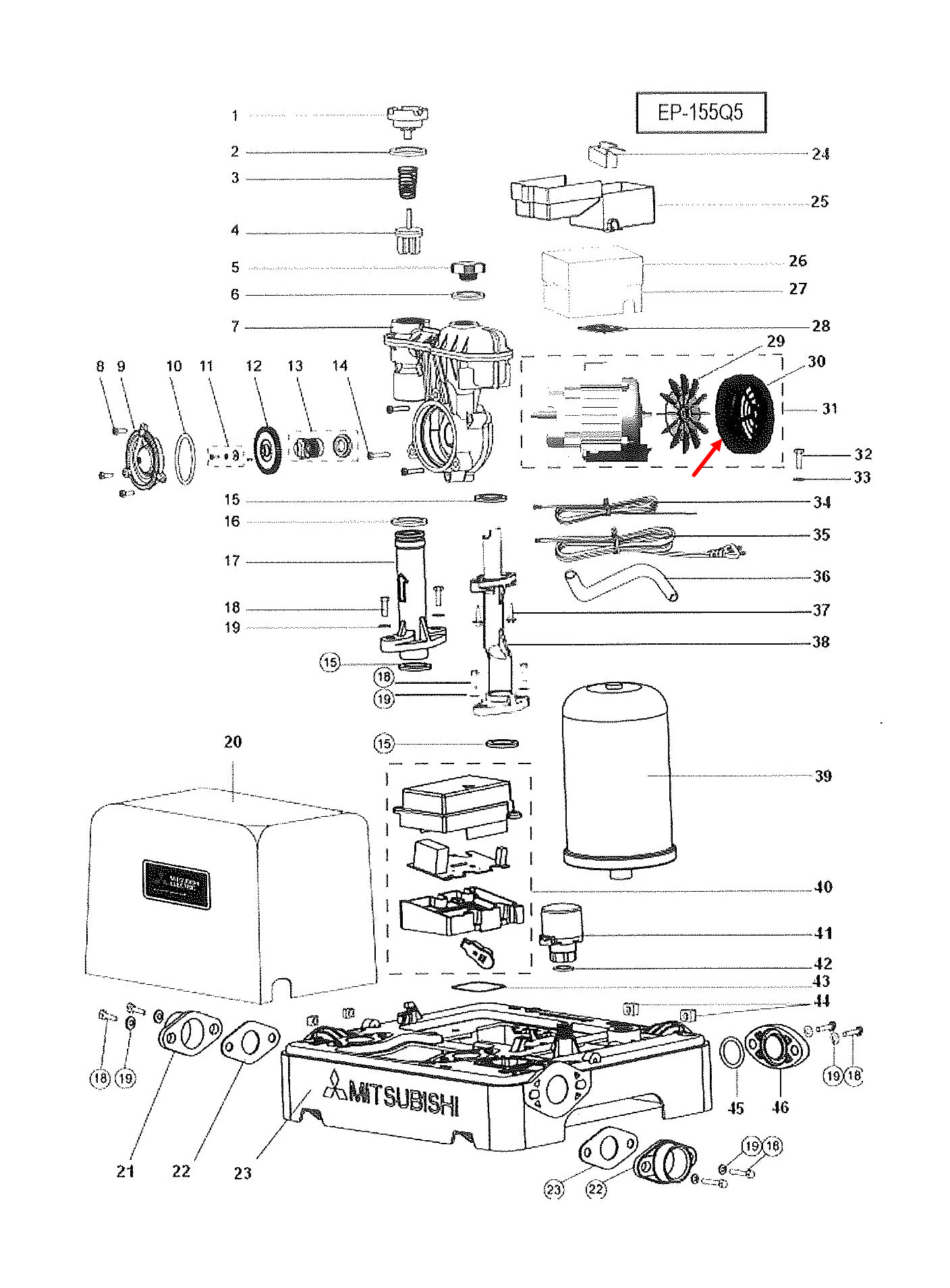 #A62 ฝาปิดใบพัดระบายความร้อน ปั้มน้ำ มิตซู WP-85, WP-105, WP-155, EP-155 Pn.H07101P00 (แท้)