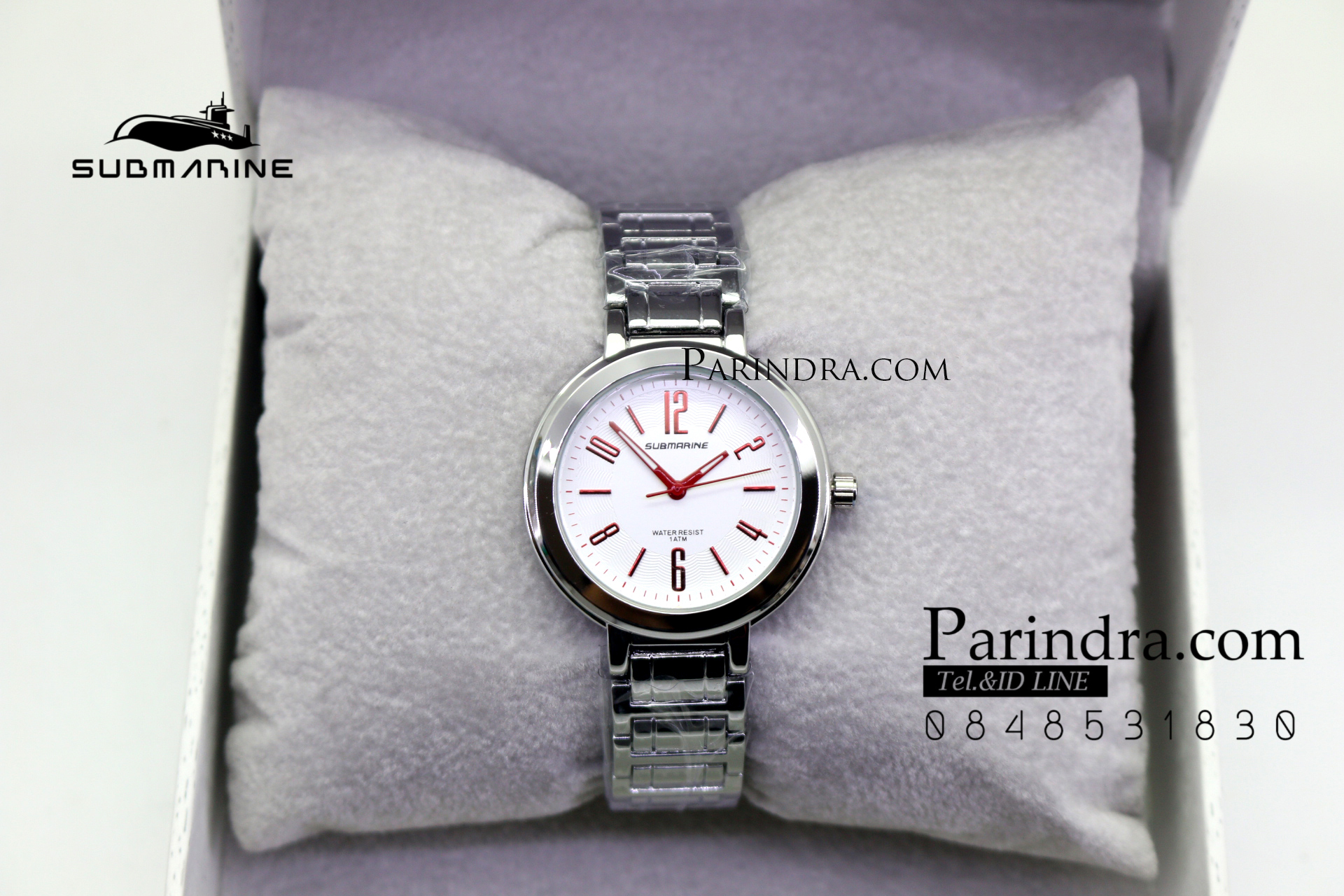 นาฬิกา US submarine รุ่น J123L สายสแตนเลสีเงิน หน้าปัดสีขาวตัวเลขสีแดง