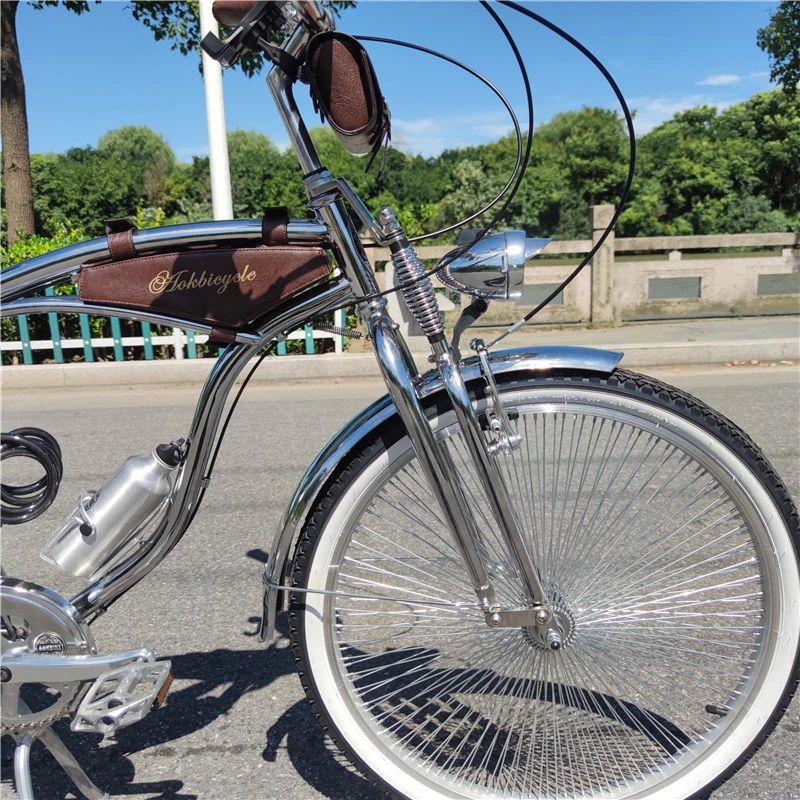 จักรยานครุยเซอร์ AOK BIKE Cruiser Beach bike เฟรมเหล็กชุบโครเมี่ยม ตะเกียบคู่ เกียร์ชิมาโน่ 7 สปีด ล้อขนาด 24 26 นิ้ว มาพร้อมกระเป๋า 3 ใบสไตล์วินเทจ