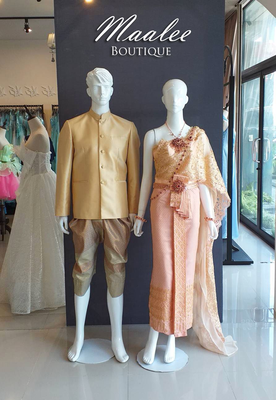 พร้อมเช่า ชุดแต่วงานไทยประยุกต์ สไบลูกไม้สีชมพูทอง (ราคาเช่าเป็นคู่)