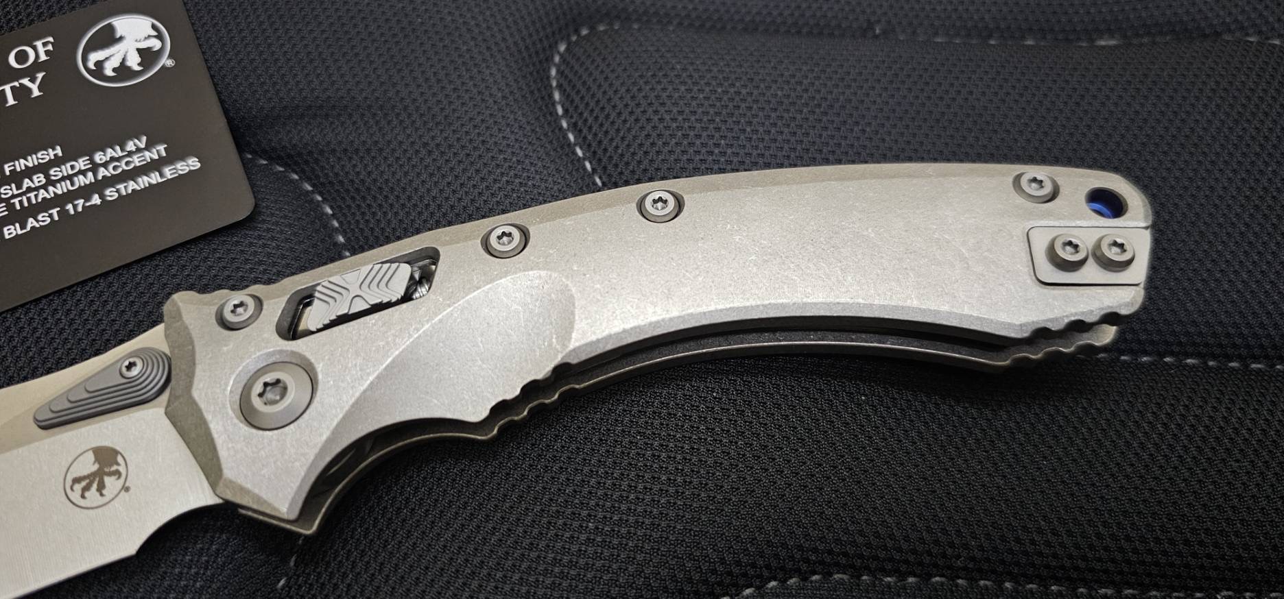 Microtech Marfione Select Amphibian RAM LOK Titanium Handles & Stonewash M390MK w/ Double Vapor Blast & Purple Accents