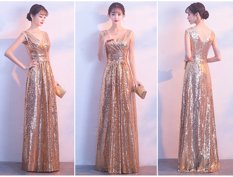 พร้อมเช่า ชุดราตรียาว แขนกุด สี Rose Gold แต่งเลื่อมทั้งตัว จับจีบช่วงเอว สวยหรู (ซิปหลัง)