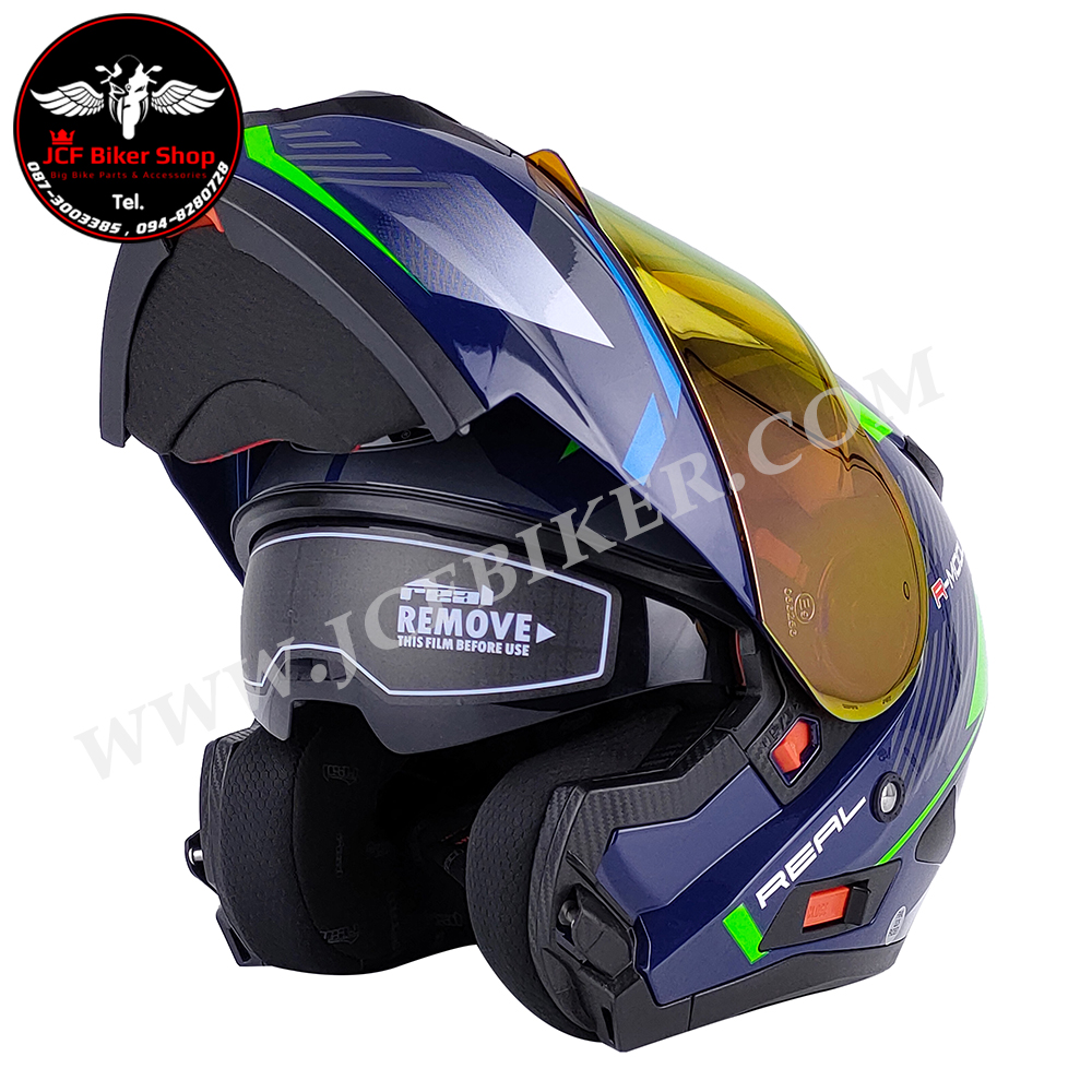 หมวกกันน๊อคเต็มใบเปิดคางได้ หมวกกันน๊อคเต็มใบ หมวกันน๊อค Real Storm R-Modular น้ำเงิน-เขียว
