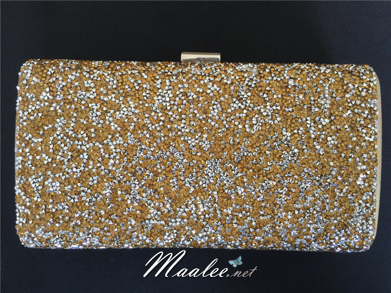 พร้อมส่ง Evening Clutch กระเป๋าออกงาน ทรงสี่เหลี่ยม พร้อมสายโซ่ยาว อัดคริสตัลเม็ดเล็ก สวยหรู สีทอง