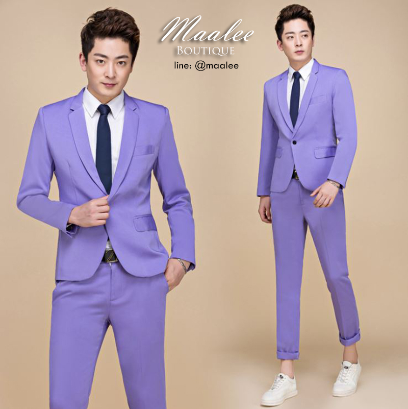 พร้อมเช่า ชุดสูทชาย สีม่วง สไตล์เกาหลี (ไม่มีเสื้อกั๊ก)