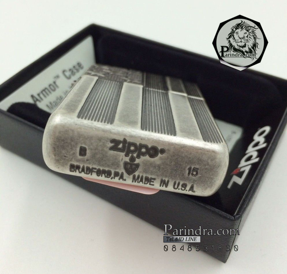 ไฟแช็ค Zippo แท้ ลายธงชาติอเมริกา ตัวเกราะหนา "Armor US Flag Antique Silver Plate " # Zippo Code 28974 แท้นำเข้า 100%