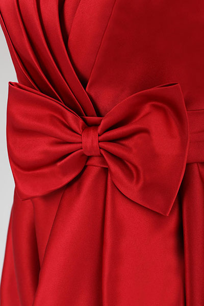 พร้อมส่ง ชุดราตรีสั้น เกาะอก สีชมพู โอโรส ทรงบอลลูน เรียบหรู จับจีบหน้าอก แต่งโบว์ที่เอว