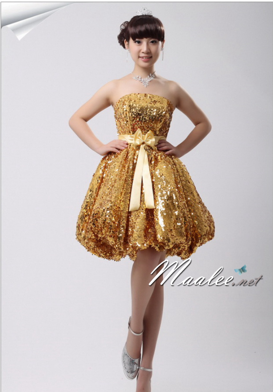 พร้อมเช่า ชุดราตรีสั้น เกาะอก สีทอง Glitter กระโปรงทรง Balloon