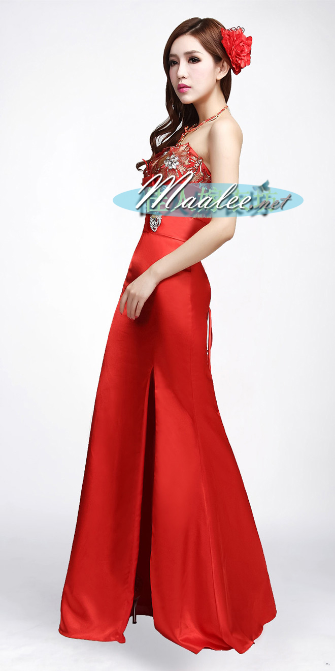 พร้อมเช่า ชุดราตรียาว สีชมพู Hot Pink เกาะอกลูกไม้ปัก ทรงหางปลา ผ้าซาติน