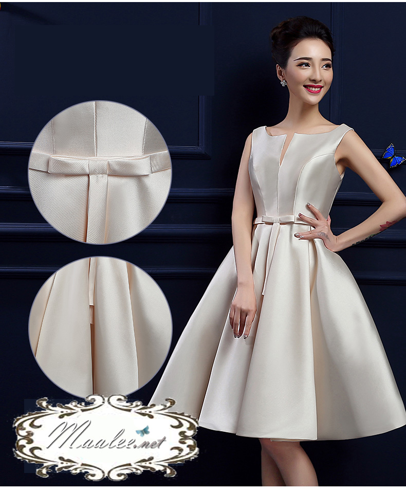 พร้อมเช่า ชุดราตรีสั้น แบบแขนกุด ผ้าซาตินเรียบหรู กระโปรงทรงA แต่งโบว์2ชั้น ช่วงเอว สีครีม Champagne (เชือกผูกหลัง)