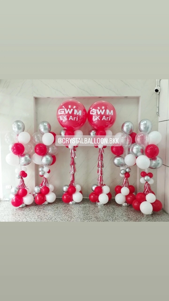 เสาลูกโป่ง เปิดงาน ลูกโป่งยาง ขนาด 36" สีแดง 2 เสา พร้อม เสาช่อลูกโป่ง ช่อ 10 ลูก 4 เสา Theme สีแดง-เงินโครเมี่ยม พร้อมตกแต่ง สามารถเปลี่ยนสีลูกโป่ง/เปลี่ยนข้อความได้