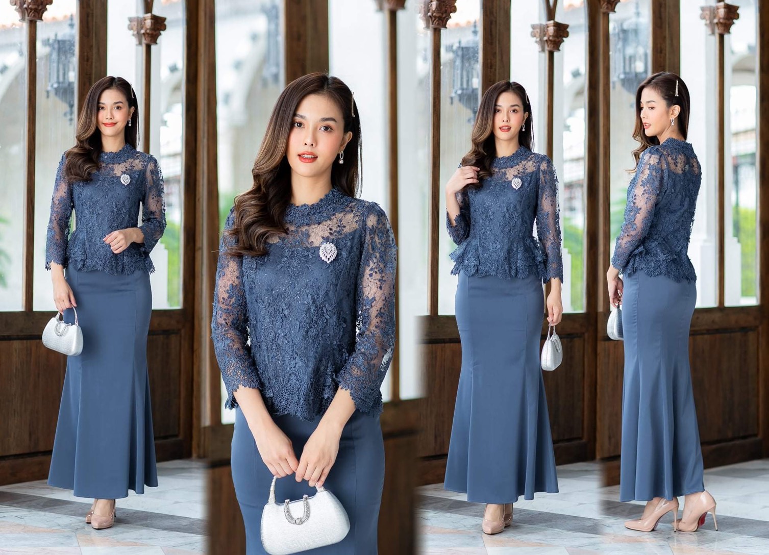 Pro-order ชุดเช่า ชุดไทยคุณแม่ เสื้อลูกไม้สีน้ำเงิน คอปีน ผ้าซิ่น แยกชิ้น เรียบหรู **สามารถเลือกเปลี่ยนกระโปรงแบบที่ต้องการได้**