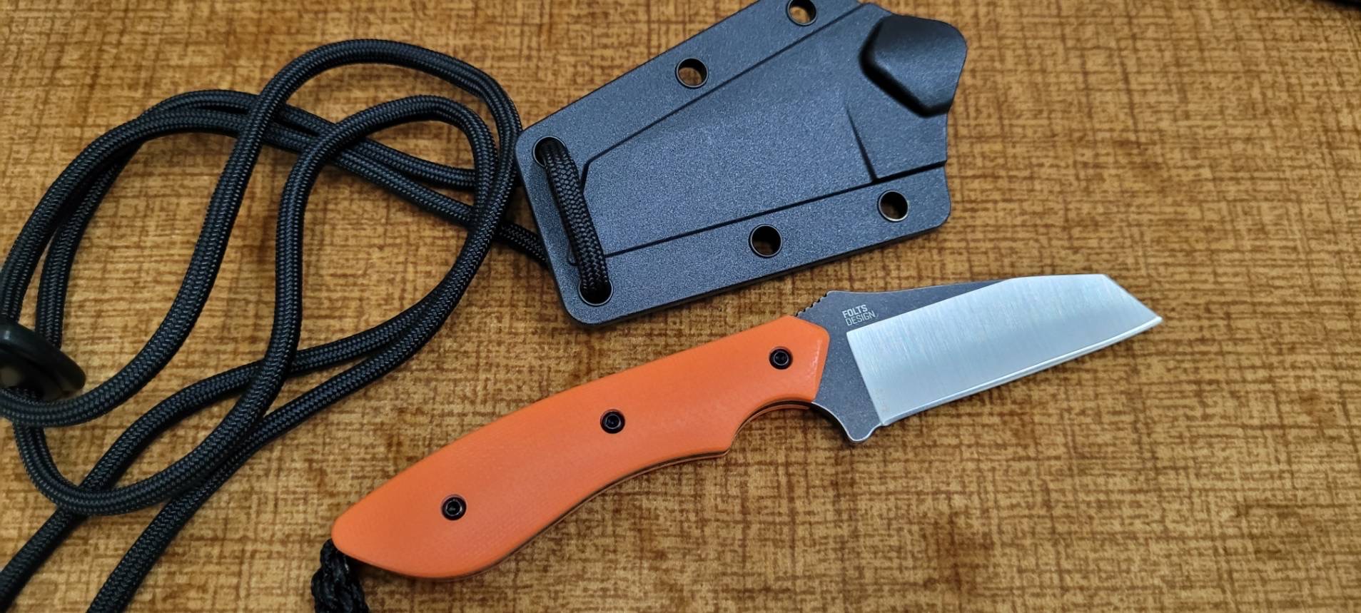 S.P.I.T. Fixed Blade Neck Knife with Two-Tone Reverse Tanto Blade and Orange G10 Handles, Thermoplastic Sheath