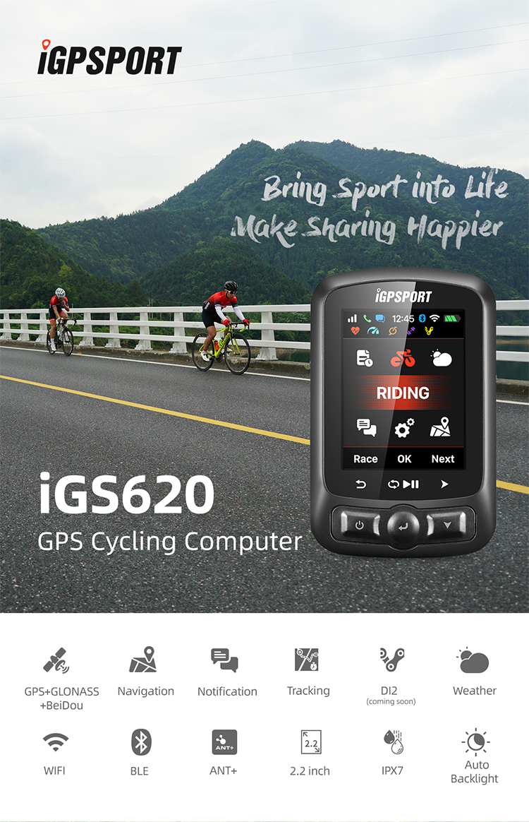 ไมล์จักรยาน IGPSPORT IGS620 ANT+ ฟังก์ชั่นเครื่อง GPS หน้าจอสี