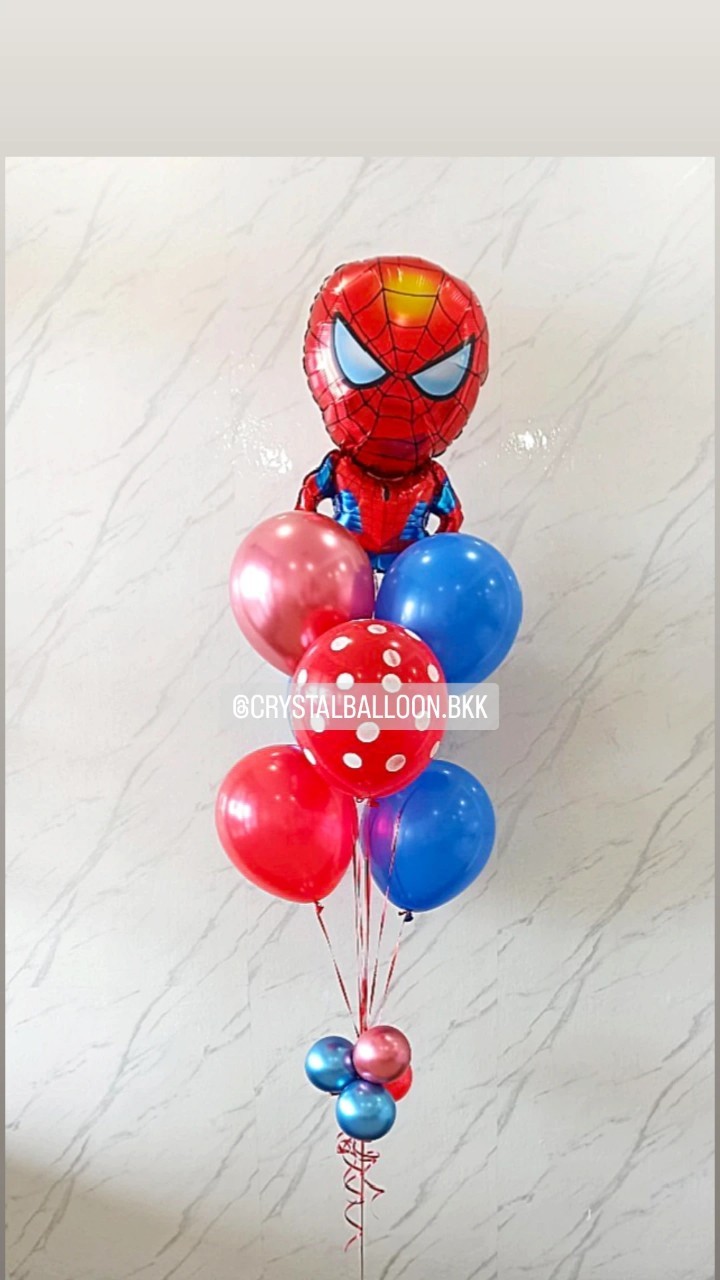 ลูกโป่ง วันเกิดเด็ก ช่อลูกโป่งฟอยล์ Spider Man ช่อ 7 ลูก 1 ช่อ Theme สีน้ำเงิน-แดงทึบ พร้อมตกแต่ง สามารถเปลี่ยนสีลูกโป่ง/เปลี่ยนฟอยล์ตกแต่งได้