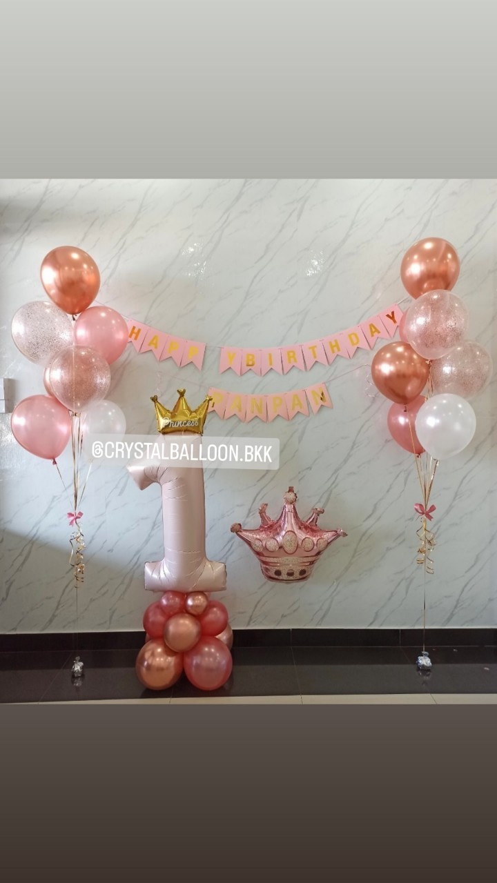 ลูกโป่ง วันเกิดเด็ก ช่อลูกโป่ง ช่อ 7 ลูก 2 ช่อ Theme สีโรสโกล พร้อม ป้ายธง Happy Birthday 1 ชิ้น,ป้ายธงชื่อ 6 ตัวอักษร,ฟอยล์มงกุฏ 1 ชิ้น,ฟอยล์ตัวเลข ตั้งฐาน ขนาด 40" 1 ชิ้น พร้อมตกแต่ง สามารถเปลี่ยนสีลูกโป่ง/เปลี่ยนสี-ฟอยล์ตัวเลข-ป้ายธงได้