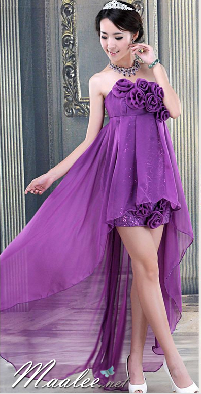 พร้อมเช่า ชุดราตรีสั้น เกาะอก หน้าสั้นหลังยาว สีม่วง แต่งดอกไม้เก๋ (ซิปหลัง)