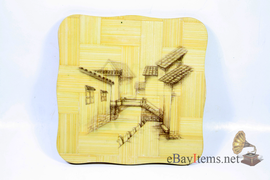 จานรองแก้วน้ำภาพวาดลายดภาพหมู่บ้านสมัยอดีต