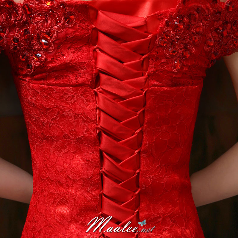 พร้อมส่ง ชุดราตรีสั้น แบบปาดไหล่เซ็กซี่ เข้ารูป สีแดง ผ้าลูกไม้ แต่งเลื่อมสุดหรู (เชือกผูกหลัง)