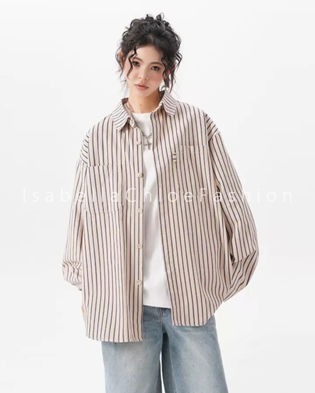 เสื้อเชิ้ตลายทางผู้หญิงโอเวอร์ไซส์