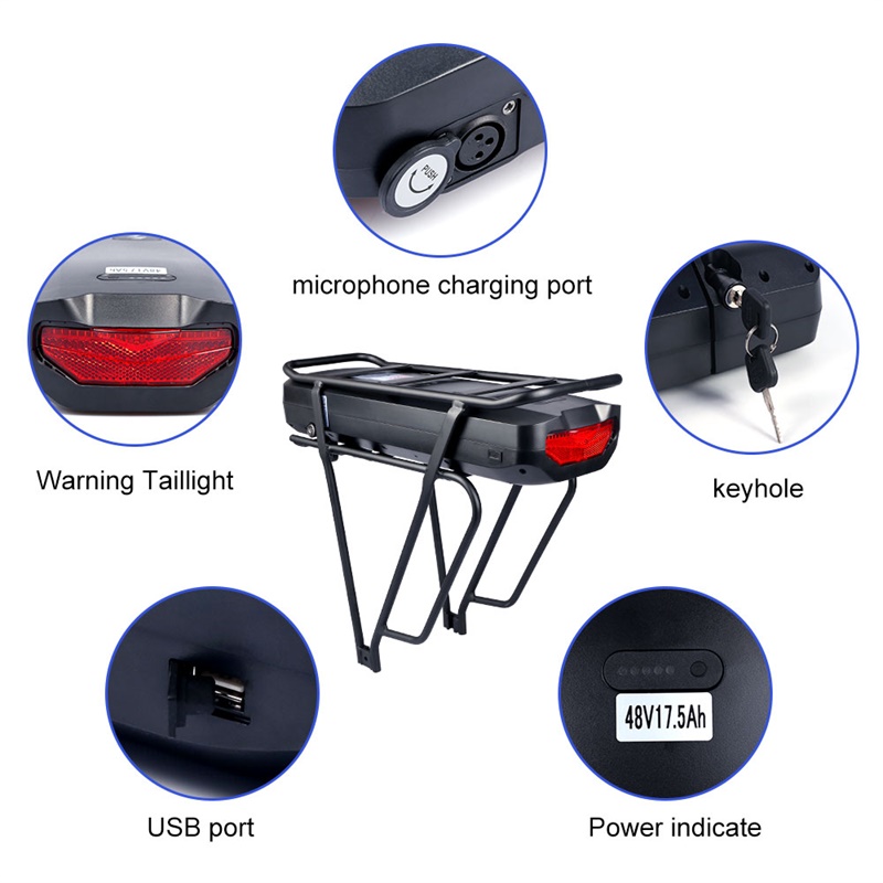 แบตเตอรี่จักรยานไฟฟ้า Varstrom 48V 17.5Ah แบบแร็คหลัง – มีพอร์ต USB ไฟท้ายในตัว พร้อม BMS 30A | รองรับมอเตอร์ 250W–1500W