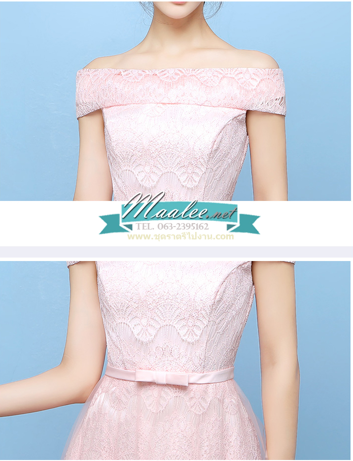 พร้อมเช่า ชุดราตรียาว สำหรับสาวไซส์ใหญ่ แบบปาดไหล่ สีเทา ลูกไม้หรูใส่ออกงานกลางคืน งานพรอม กระโปรงตาข่าย 2XL- 6XL (เชือกผูกหลัง)