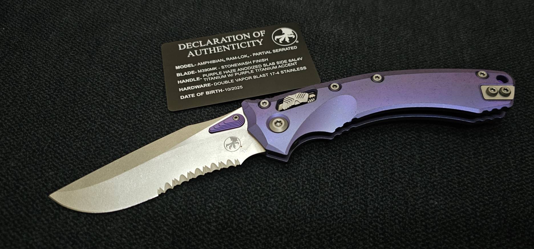 Microtech Marfione Select Amphibian RAM LOK Purple Haze Titanium Handles & Part Serrated Stonewash M390MK w/ Double Vapor Blast & Purple Accents