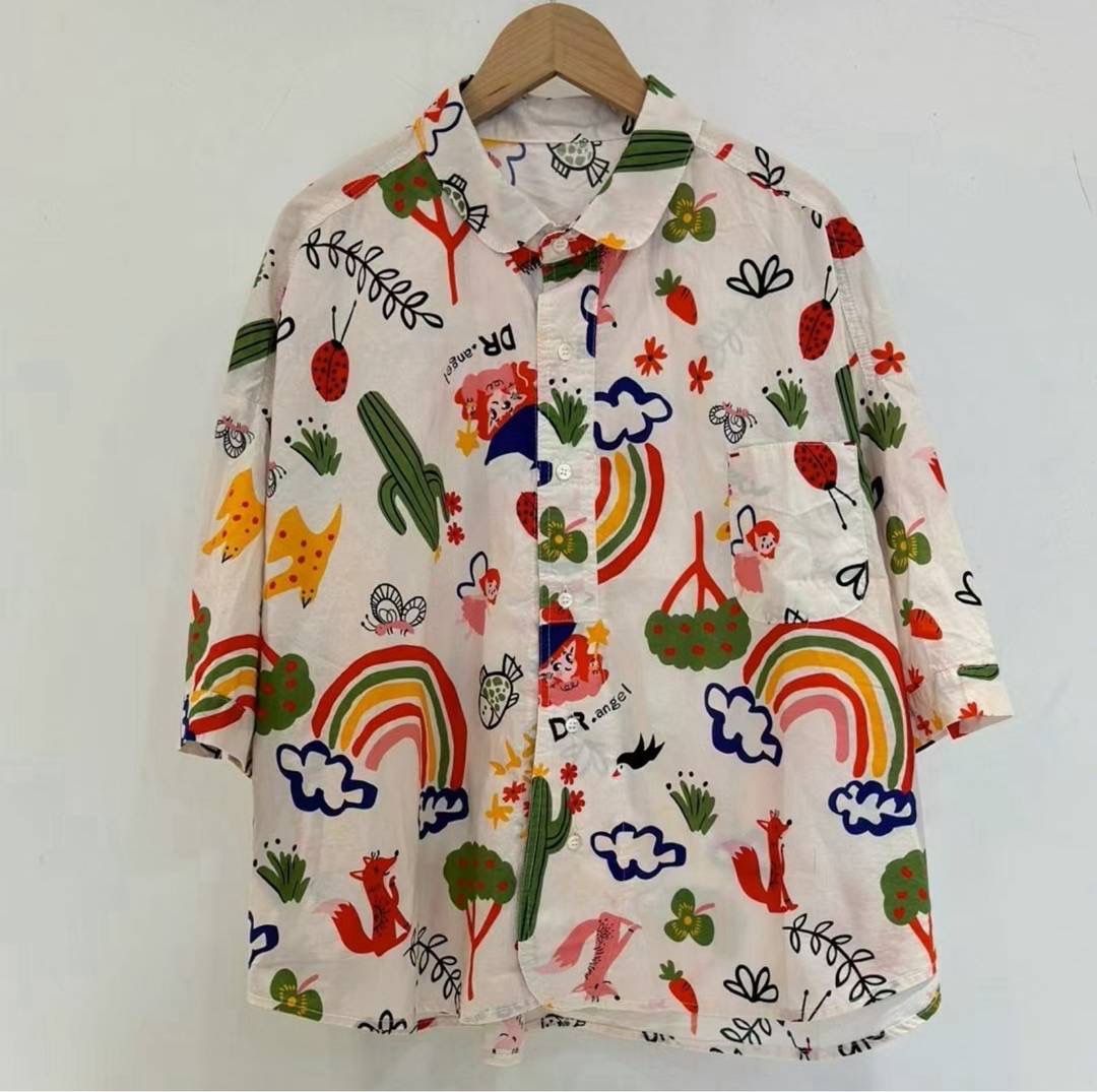เสื้อเชิ้ตผ้าคอตตอนลายคิวท์ทรงโอเวอร์ไซส์