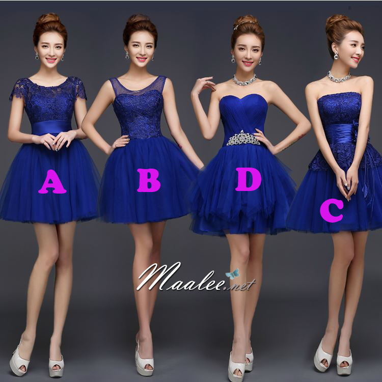 พร้อมเช่า ชุดราตรีสั้น เพื่อนเจ้าสาว แบบ A แขนสั้น ลูกไม้ ผ้าคาดเอวซาติน (ซิปหลัง)