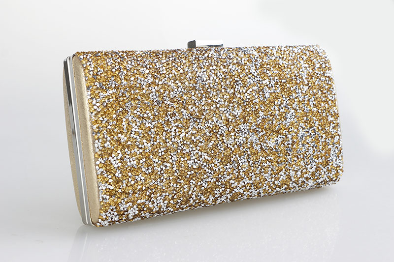 พร้อมส่ง Evening Clutch กระเป๋าออกงาน ทรงสี่เหลี่ยม พร้อมสายโซ่ยาว อัดคริสตัลเม็ดเล็ก สวยหรู สีทอง